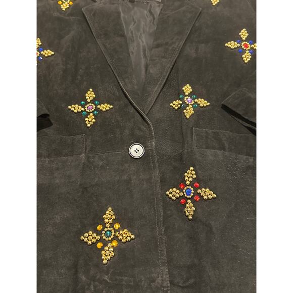 1990's Atlantic Beach Leather Coat Works Black Jacket w Jewel Rhinestones Medium - Picture 4 of 8